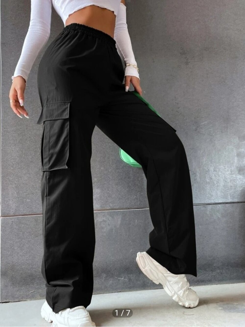 Women Flap Pocket Side Cargo Pants Black Size L NEW